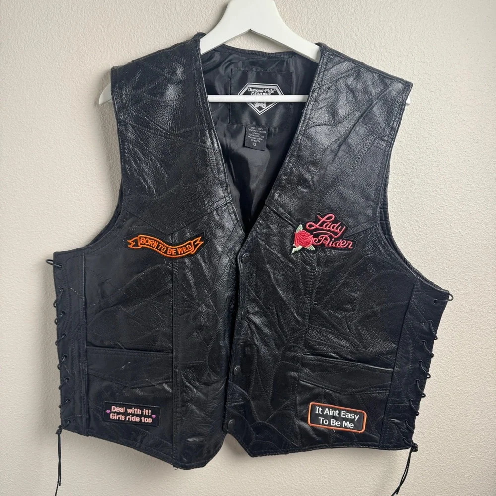 Diamond Plate Buffalo Leather Black Biker Vest with Patches Embroidered Mens XL‎